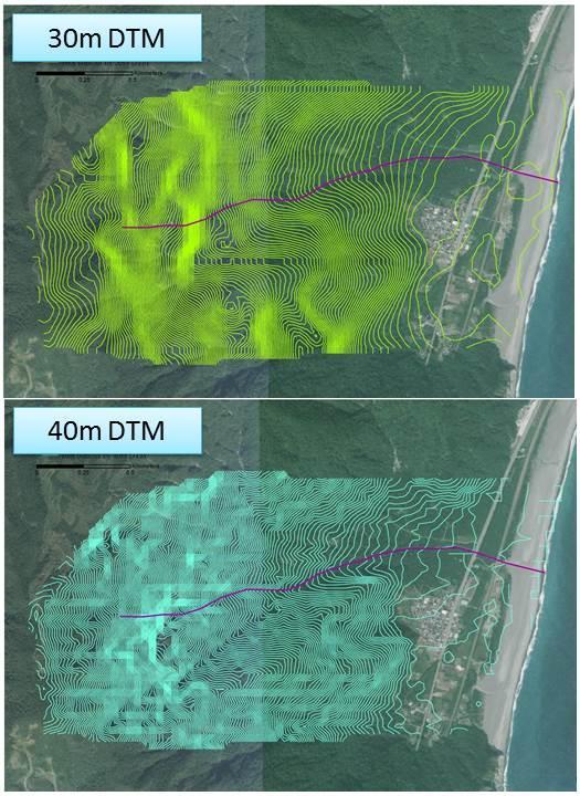Fig. 4 Contour from different resolution DTM data Fig. 5 The hourly rainfall of the He-Chong rainfall station during typhoon Saola 4. NUMERICAL SIMULATION MODELS FOR LANDSLIDE AND DEBRIS FLOW 4.