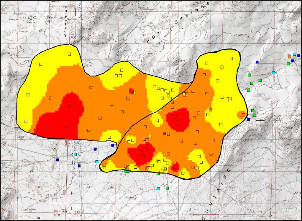 These values were assigned to fill-in stations depending on proximity to areas of rock outcrop. Mean heat losses for each of the 107 temperature stations were plotted on digital maps in ArcGIS.