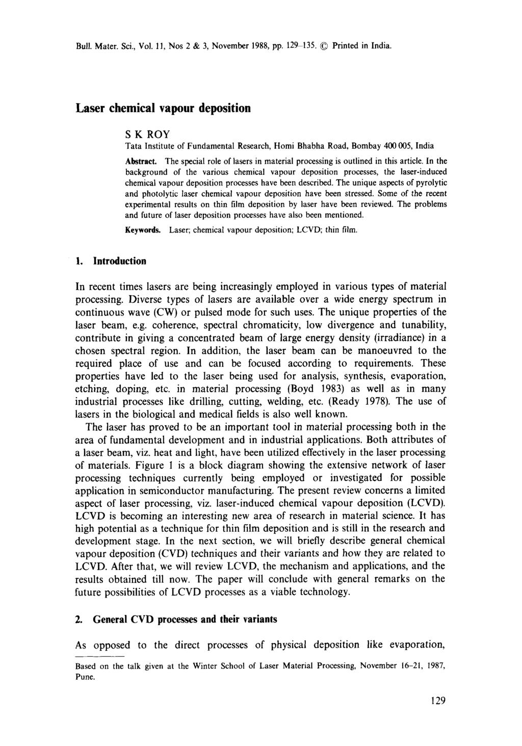 Bull. Mater. Sci., Vol. 11, Nos 2 & 3, November 1988, pp. 129-135. Printed in India.