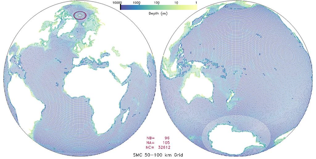 The SMC grid used: base ~100 km, coasts~50 km North Pole cell (Arctic part) merging