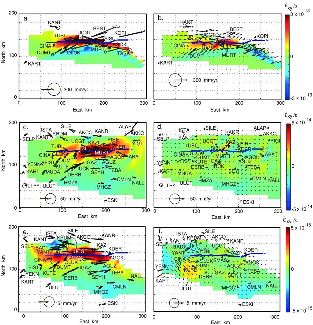 Figure 7. Modeled velocities and residuals, from elastic dislocation models using the slip rates shown in Figure 6.