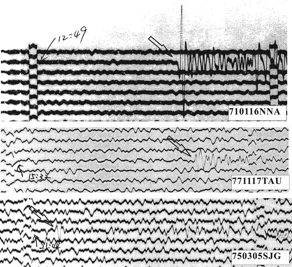 Figure 6. Examples of seismograms with (top) excellent, (middle) very good, and (bottom) good quality that we used to hand-pick the P arrival times. Arrows indicate the P arrivals. more than 2 3 s.