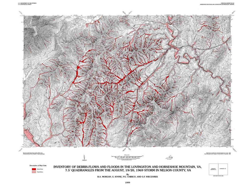The Davis Creek watershed, which includes the southern slope of Roberts Mountain and its associated ridgeline in central Nelson County, was severely affected by the unprecedented rainfall resulting