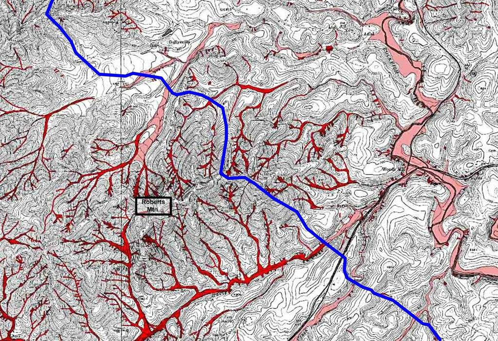 For clarity, the ACP route has been imposed (in blue) on the following enlarged portion of the above image including the lower portion of the Davis Creek watershed as well as Roberts Mountain (figure