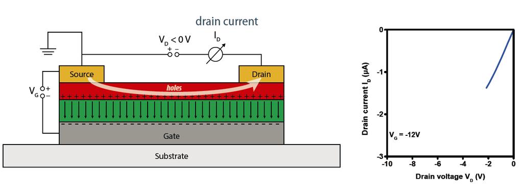 Working principle of OTFT Applying a drain voltage at the drain electrode V D < 0 V leads to hole flow between source and drain (= drain current I D )