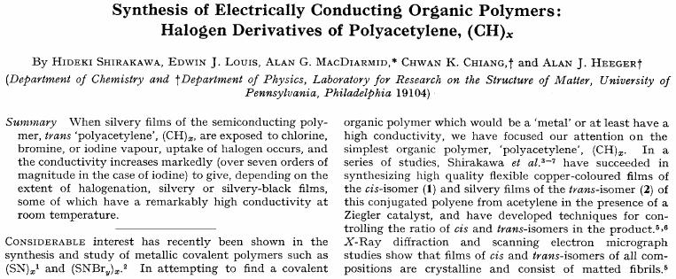 The discovery of conductive polymer J. Chem. Soc. Chem. Comm.