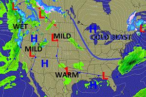 Selected Weather Images - Wednesday: Cold Blast NE US, Warm S, Wet W.