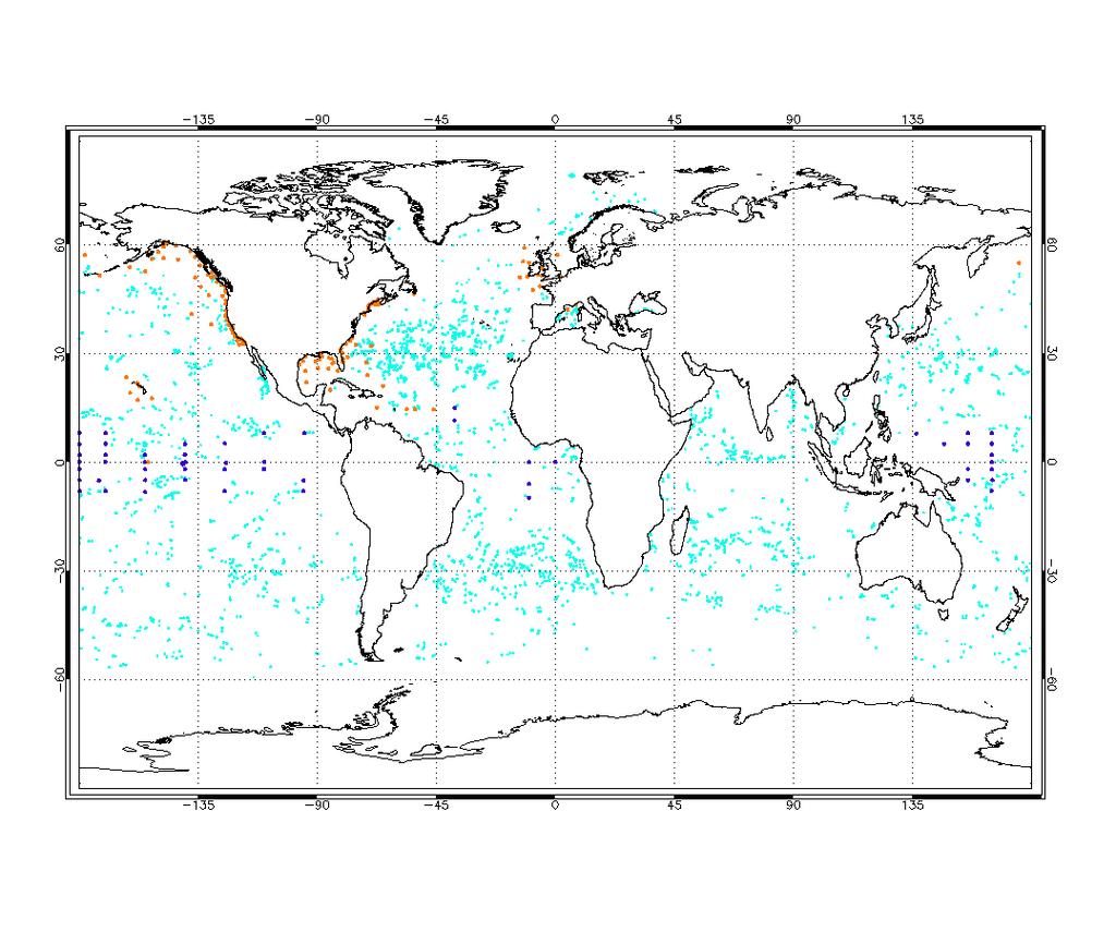 Figure 6-4: Map showing global distribution of match-ups between 10 AATSR SST values and in situ buoy SST for Cycle 63.