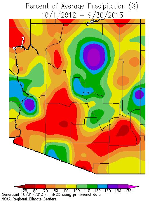 The water year precipitation totals are above average in north central Arizona and La Paz County, but