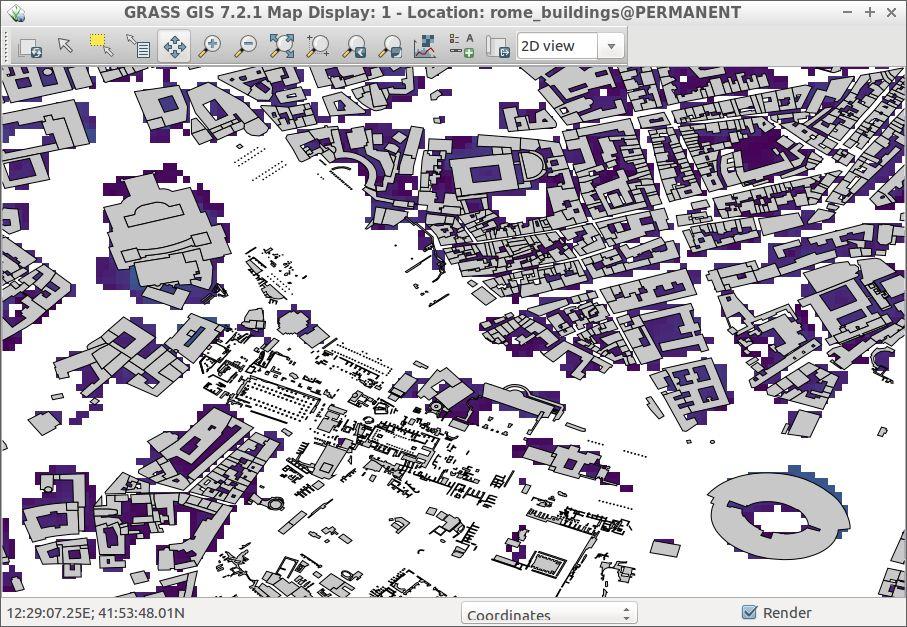 3D OSM Buildings Overlap of raster data containing height information and the footprints of the buildings from OSM in GRASS GIS In GRASS GIS median of the pixel