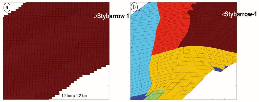 (b) The same section of reservoir simulation grid. Each fault block is a different color.