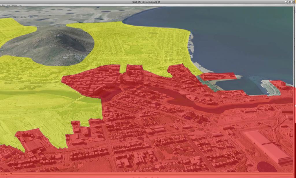 Figure 2: Townsville hypothetical region showing buildings constructed as 3D geometry in the CBD region (shaded red) and as a displacement map (shaded yellow). 2.3 Digital Terrain Model and Bathymetry The terrain model is a 1 second resolution (approximately 30m) hydrological digital elevation model (DEM- H), it is v1.