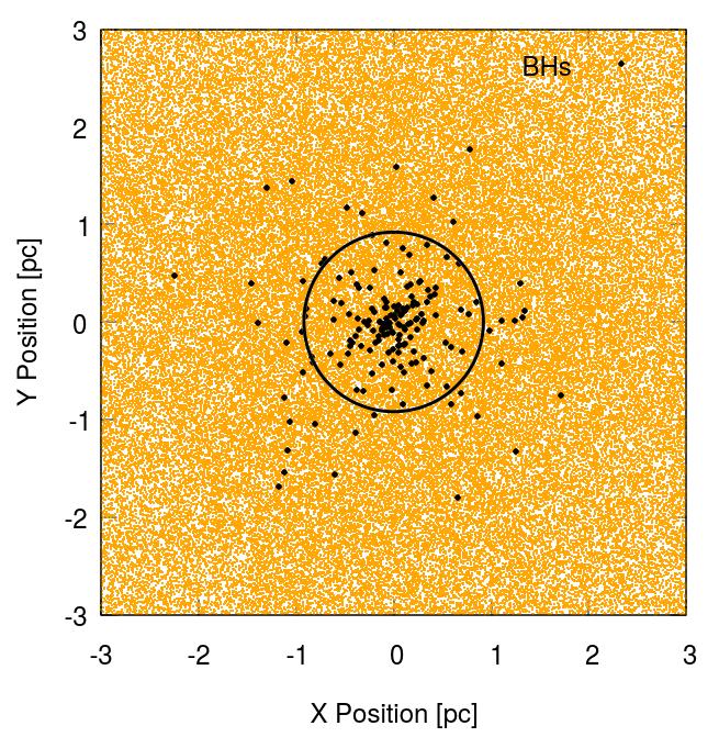 Defining the size of the BH Subsystem BHs are mixed with other stars We define BHS size (R BHS ) as the radius of the sphere within which 50% of the cumulative mass is in BHs and 50% of mass is in