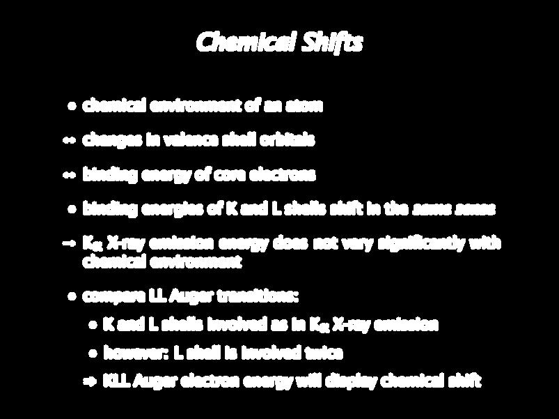 Chemical Shifts chemical environment of an atom changes in valence shell orbitals binding energy of core electrons binding energies of K and L shells shift in the same sense K X-ray emission energy