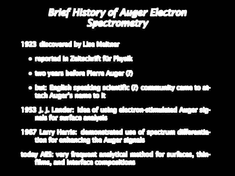 Brief History of Auger Electron Spectrometry 1923 discovered by Lise Meitner reported in Zeitschrift für Physik two years before Pierre Auger (?) but: English speaking scientific (?