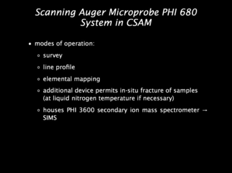 Scanning Auger Microprobe PHI 680 System in CSAM modes of operation: survey line profile elemental mapping additional device