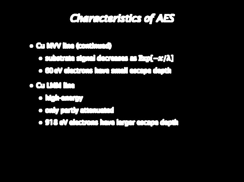 Characteristics of AES Cu MVV line (continued) substrate signal decreases as Exp[ x/ ] 60 ev electrons have