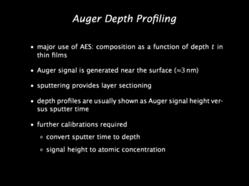 Auger Depth Profiling major use of AES: composition as a function of depth t in thin films Auger signal is generated near the surface ( 3 nm) sputtering provides layer