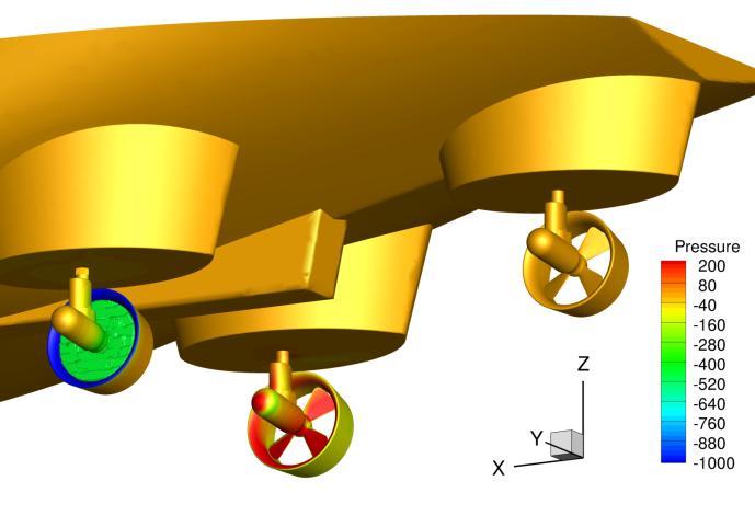 The green iso-surface inside the nozzle of thruster 1 denotes the Actuator Disk. Figure 22: Velocity distribution in the wake of thruster 1 with azimuth angle of 210 degrees.