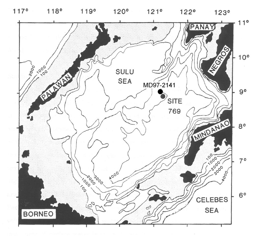 Figure 1.2: Detailed bathymetric map of the Sulu Sea. Bathymetric contour is presented in meters.
