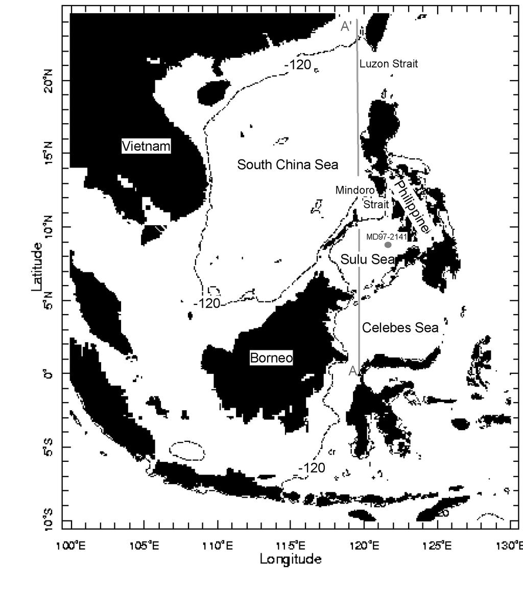 Figure 3.1: Map of western tropical Pacific showing location of the Sulu Sea and the location of IMAGES core MD97-2141 (gray circle).