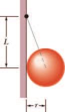 24. In the figure, a uniform sphere with a weight of 6 N and radius r is held in place by a massless rope attached to a frictionless wall a ertical distance L aboe the center of the sphere.