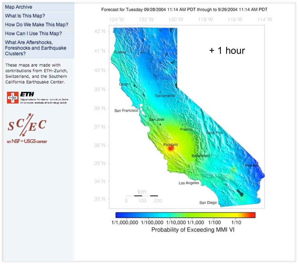 Short-Term Earthquake Probability (STEP) Model Southern California + 1 hour STEP 1-day probability gain for MMI > VI shaking: G >