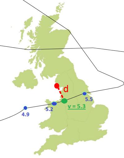 Figure 11: A map of the UK showing the location of interest (in red), the minimum distance d between this location and a track and the corresponding vorticity value v, obtained by linear
