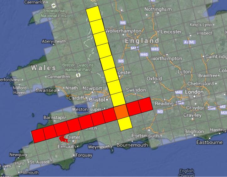 Figure 14: The grid-boxes chosen for a dependence study in the west-east direction (red) and north-south direction (yellow) (image courtesy of Google Maps) An initial check involves the effect of