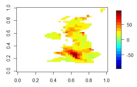 Figure 17: Rainfall accumulations (mm) in the UK during the flood events of July 2007. rainfall accumulations and wind speeds can be modelled jointly over space.