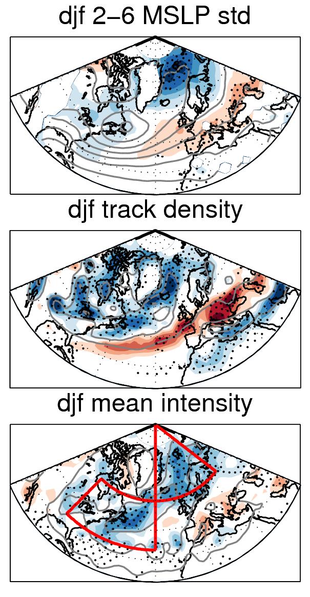 CMIP5 model biases DJF ERA-Interim wintertime cyclone track density (1990-2009) (Tracks per month in a 5 o