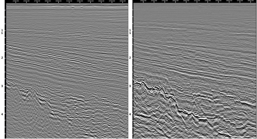 Figure 3 Legacy 2D seismic (left) versus 2012 3D dual-sensor data (right) Figure 4. Overlaying lines: Left, 2011 conventional survey; Right, 2012 dual-sensor survey.