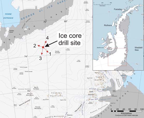Figure 1. Location of the ice core site, near Gomez Nunatak on the southwestern Peninsula. GPR transects (20 km) are shown as red arrows originating from the drill site.