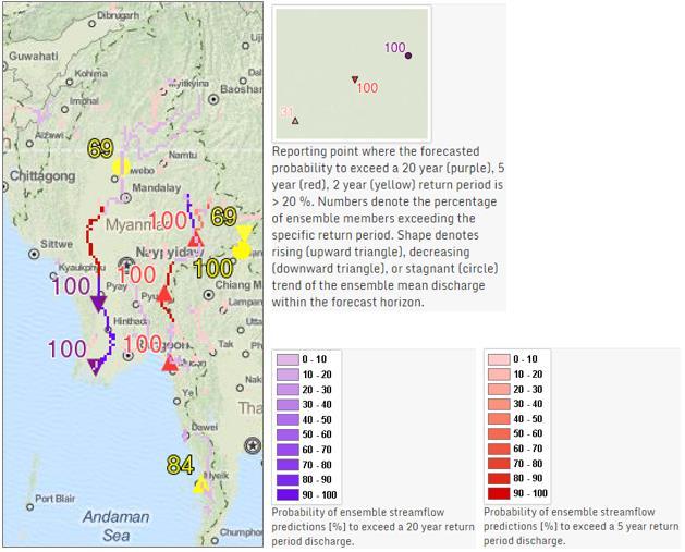 Myanmar 2015 floods, GloFAS hydrological forecast In the Ayeyarwady River discharges are currently very high above 20 years GloFAS return period, but are predicted to drop rapidly during the next 3-5