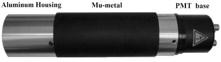 Figure 56. EJ-200 detector consists of a Photonis XP2020 PMT, an EJ-200 plastic scintillator (4.6 cm dia. 4.9 cm long), a magnetic shield, and an aluminum housing.