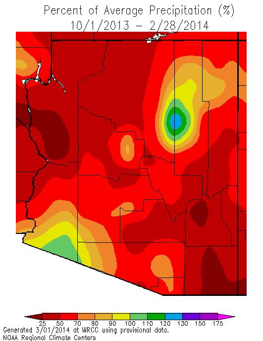 northwest and southeast quarters of Arizona have had less than 50% of normal