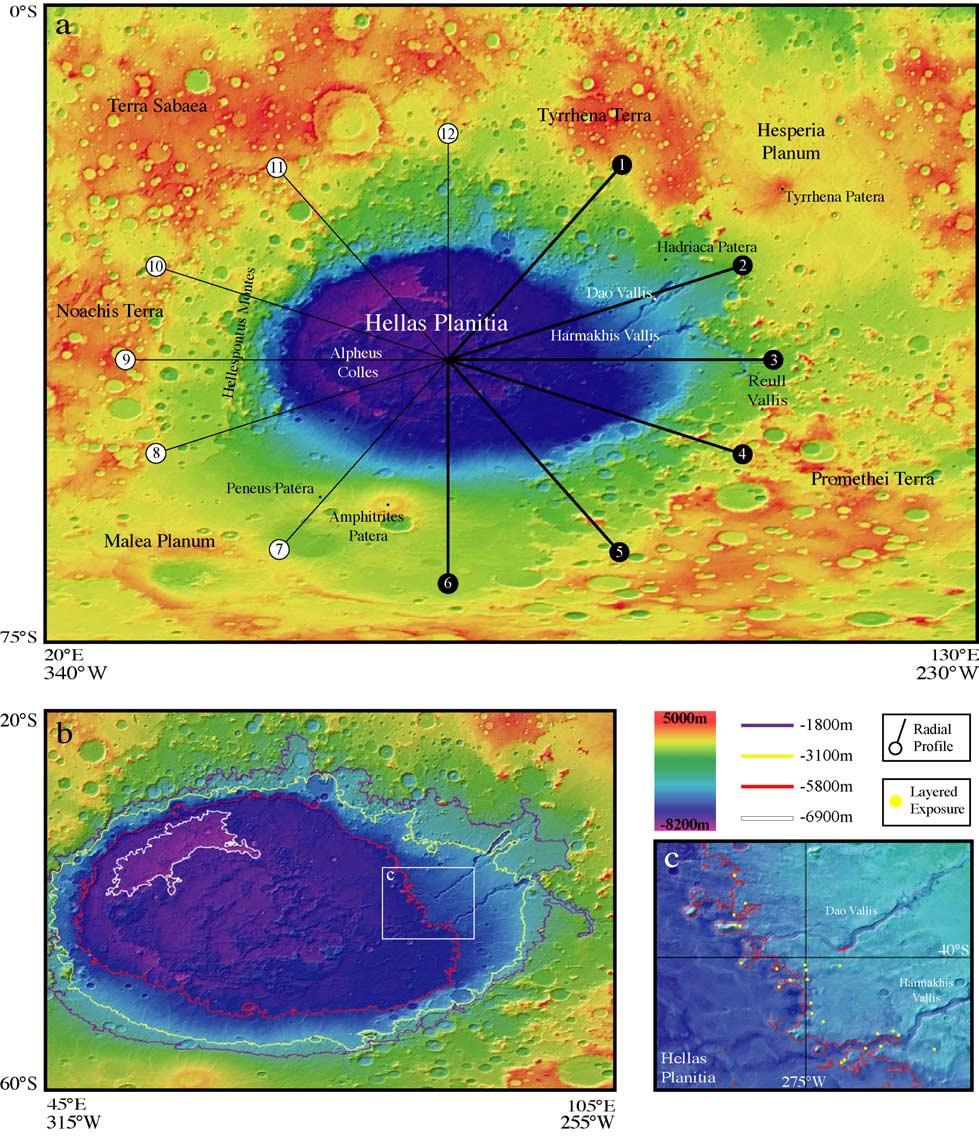 Figure 1. Topography of the Hellas region. (a) MOLA 128 pixel/degree DEM in simple cylindrical projection showing locations of features and regions discussed in the text.