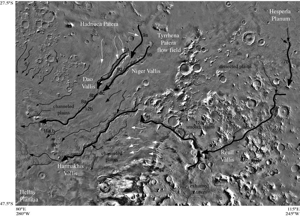 Figure 5. Viking Orbiter MDIM 2.1 image mosaic showing eastern Hellas region with geologic units and volatile-related features discussed in text.