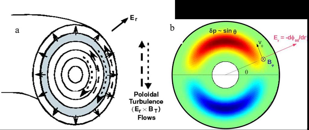 Concept of GAM Oscillating E r creates oscillating ExB poloidal rotation (Zonal Flow, GAM) Zonal Flow mechanism of turbulence self-regulation -> affects cross-field transport.