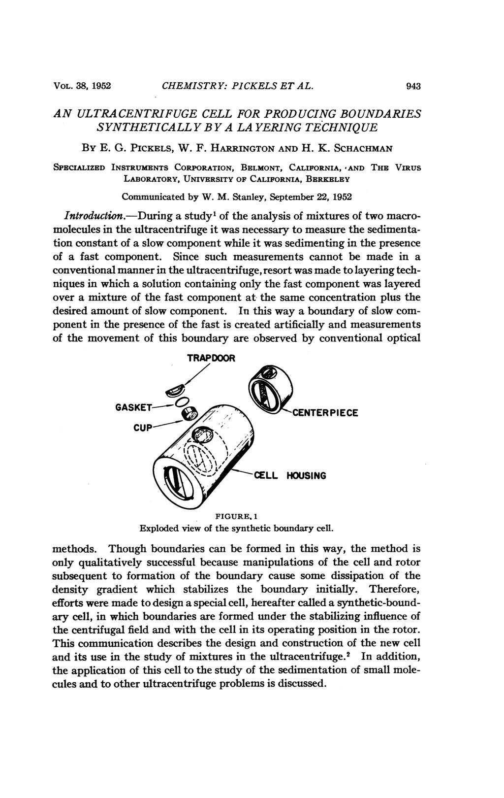 VOL. 38, 1952 CHEMISTRY: PICKELS ET AL. 943 AN ULTRACENTRIFUGE CELL FOR PRODUCING BOUNDARIES SYNTHETICALL Y B Y A LA YERING TECHNIQUE By E. G. PICKELS, W. F. HARRINGTON AND H. K.