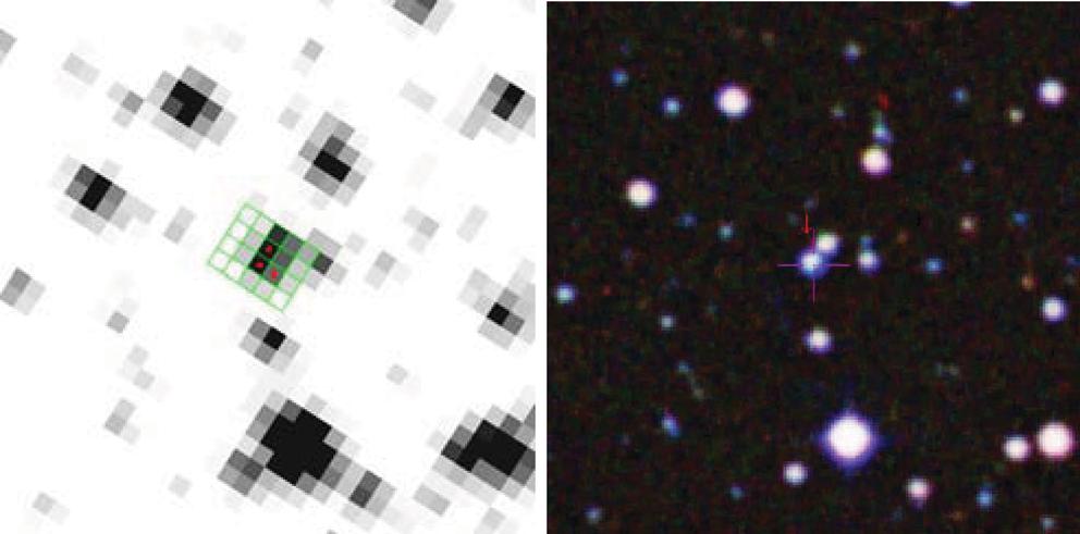 KIC 6614501: a low-mass sdb + WD close binary 1757 Figure 5. Left: the field of KIC 6614501 in a real Kepler image with the position of the pixel array mask used during the Q7 run.