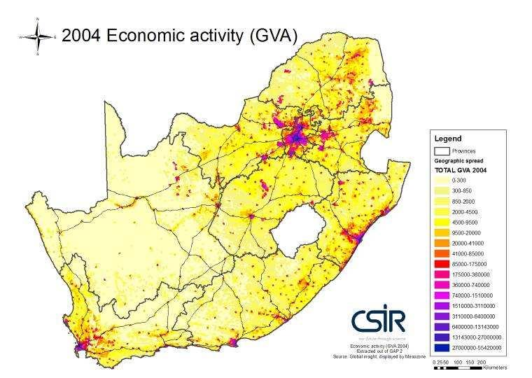 NSDP, 2006) Map 2B: Areas with demonstrated economic potential: Geographical distribution Source: CSIR 2006a Geospatial Analysis Platform Clearly highlighting