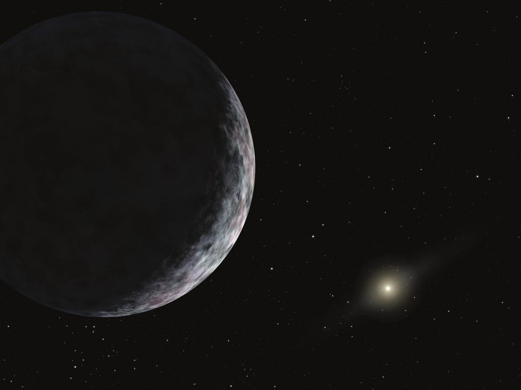 An artist s conception of the dwarf planet Eris, with the Sun shown in the distance. NASA/JPL-Caltech.