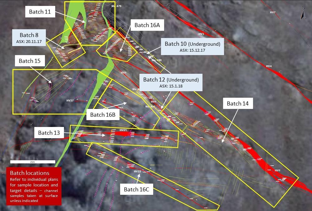 Figure 2 ABOVE: Batch locations at the Rastrillo Deposit. Individual plans for each Batch are provided below for sample locations.