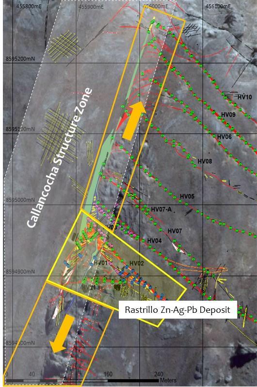 Figure 3: ABOVE: Satellite image showing the location of the Rastrillo Deposit (within the yellow polygon) in relation to the Callancocha Structure Zone at Humaspunco.