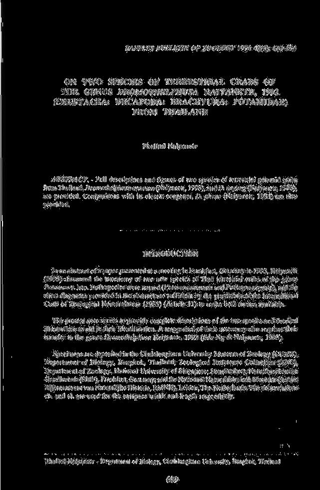 RAFFLES BULLETIN OF ZOOLOGY 1994 42(3): 689-694 ON TWO SPECIES OF TERRESTRIAL CRABS OF THE GENUS DROMOTHELPHUSA NAIYANETR, 1992 (CRUSTACEA: DECAPODA: BRACHYURA: POTAMIDAE) FROM THAILAND IMuiihul