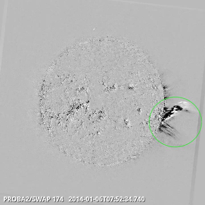 Eruption on the west limb @ 07:52 SWAP difference image Find a movie of the events here (SWAP difference movie) http://proba2.oma.