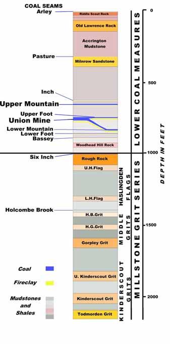 Diagram of the sequence of rocks in the Todmorden Region on the swampy soil, until they in turn were buried beneath the sea and, trapped between beds of shale and sandstone.