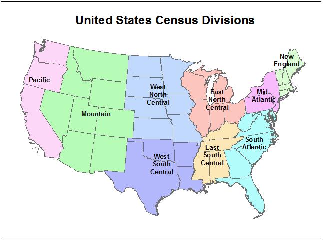 Supplementary Figure 1: The nine United States Census Divisions The following acronyms used to denote Census Divisions in Figure 2 and Figure 5: NE: New England MA: Mid-Atlantic ENC: East North