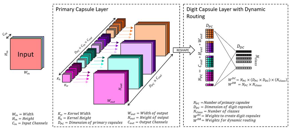 Fig. 2. A schematic diagram of capsule network [3] demonstrating primary and digit capsule layers.